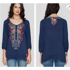 Johnny Was Embroidered Olivia Blouse Tunic Top Sz S Bird Boho Peasant
